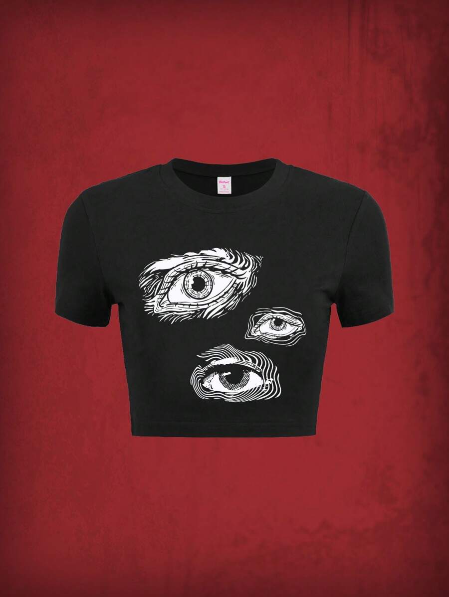 ROMWE Grunge Punk 眼睛圖案短款T恤 - 黑色 - 查看 1