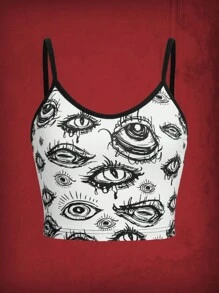 ROMWE Grunge Punk 眼睛印花对比绑带吊带背心，学校 - 黑與白 - 查看 2