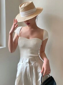 DAZY Solid Sweetheart Neck Knit Top - White - View 4