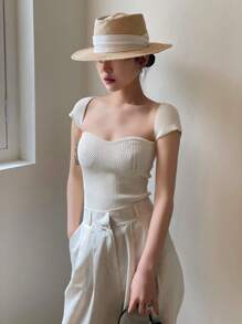 DAZY Solid Sweetheart Neck Knit Top - White - View 5