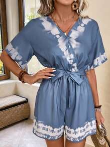 EMERY ROSE 紮染落肩袖腰帶連身短褲 - 藍色 - 查看 3