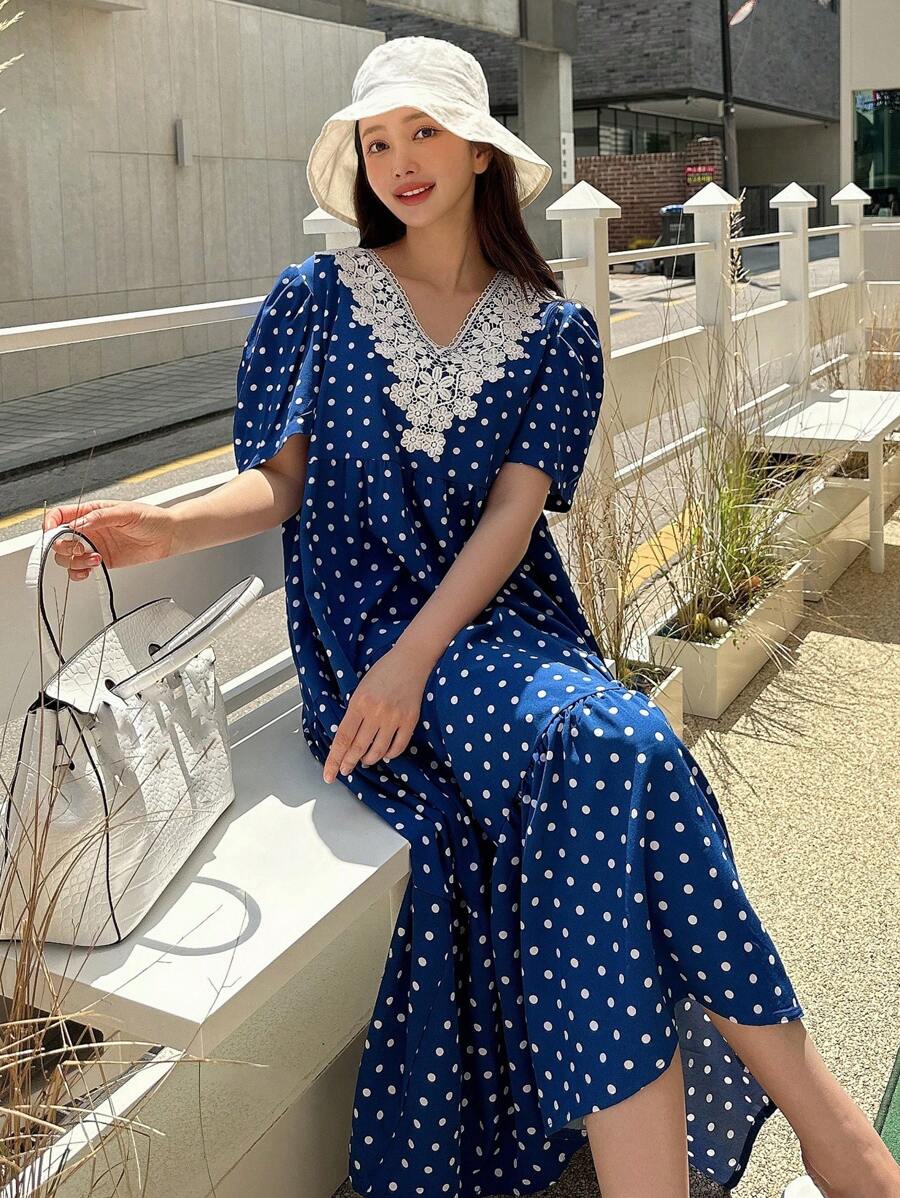 DAZY 波點圖案凸花蕾絲貼花泡泡袖連衣裙 - 藍色 - 查看 1