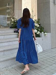 DAZY 波點圖案凸花蕾絲貼花泡泡袖連衣裙 - 藍色 - 查看 2