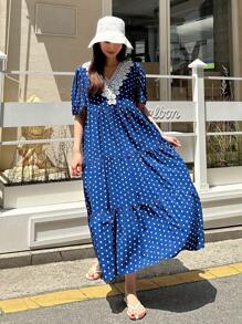 DAZY 波點圖案凸花蕾絲貼花泡泡袖連衣裙 - 藍色 - 查看 3