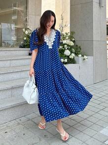 DAZY 波點圖案凸花蕾絲貼花泡泡袖連衣裙 - 藍色 - 查看 4