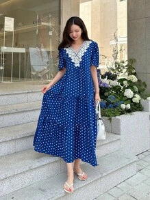DAZY 波點圖案凸花蕾絲貼花泡泡袖連衣裙 - 藍色 - 查看 6