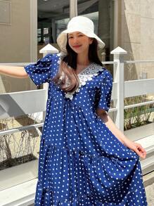 DAZY 波點圖案凸花蕾絲貼花泡泡袖連衣裙 - 藍色 - 查看 7