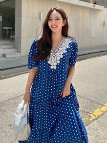 DAZY 波點圖案凸花蕾絲貼花泡泡袖連衣裙 - 藍色 - 查看 8