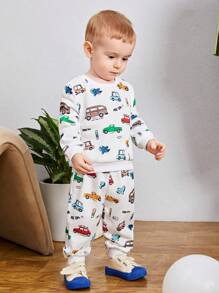 SHEIN 男嬰可愛卡通汽車印花寬鬆圓領彈力腰長褲套裝 - 彩色 - 查看 1
