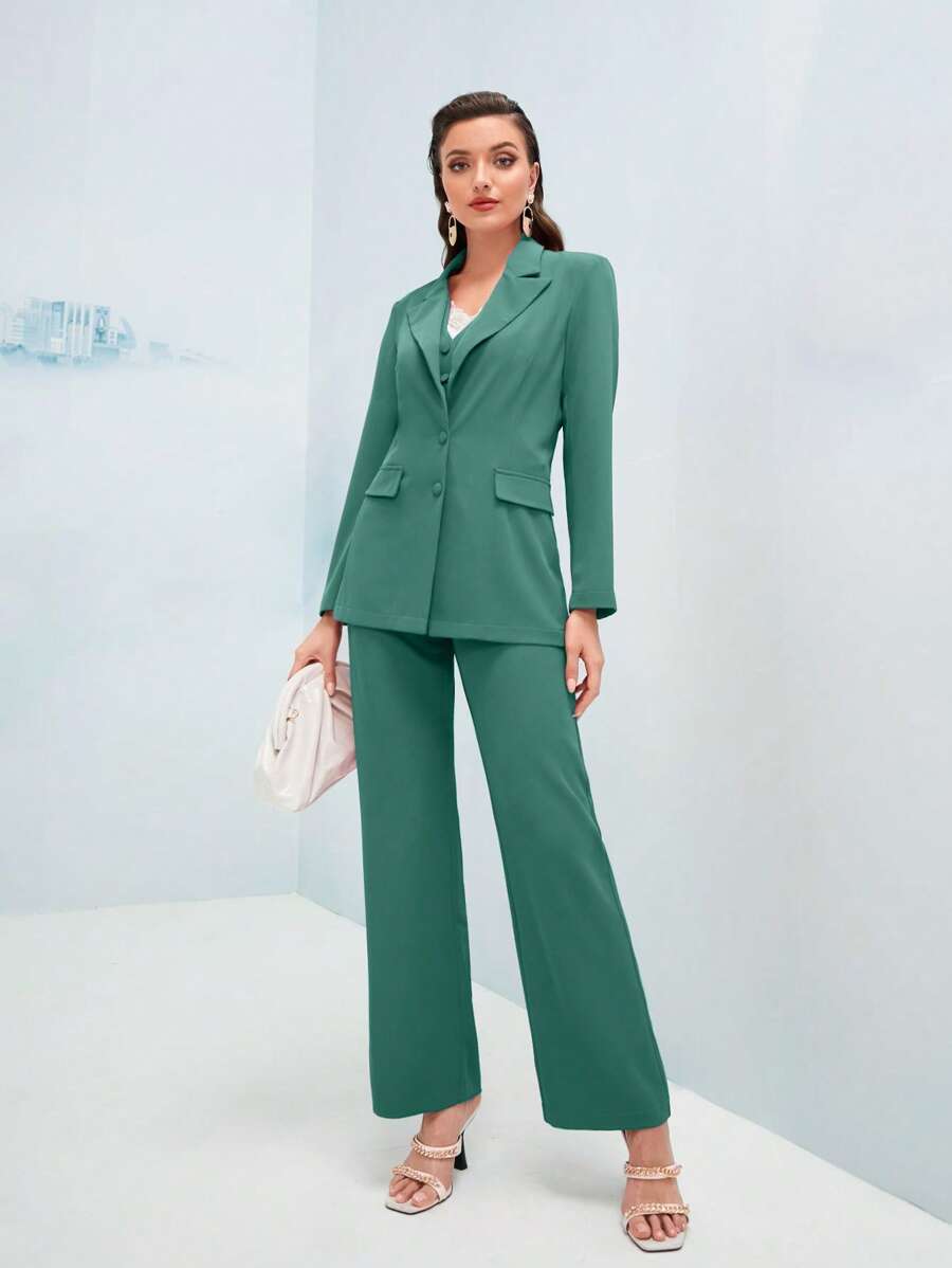 Modelyn 西裝領單排釦西裝外套和背心和褲子 - 藍色 - 查看 1