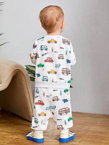 SHEIN 男嬰可愛卡通汽車印花寬鬆圓領彈力腰長褲套裝 - 彩色 - 查看 2