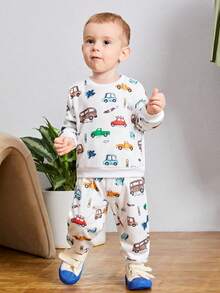 SHEIN 男嬰可愛卡通汽車印花寬鬆圓領彈力腰長褲套裝 - 彩色 - 查看 7
