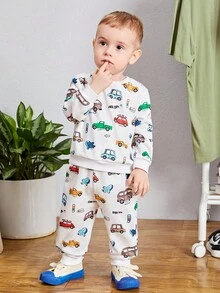 SHEIN 男嬰可愛卡通汽車印花寬鬆圓領彈力腰長褲套裝 - 彩色 - 查看 9