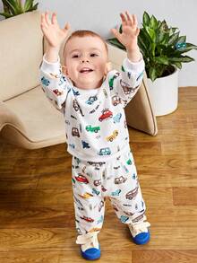 SHEIN 男嬰可愛卡通汽車印花寬鬆圓領彈力腰長褲套裝 - 彩色 - 查看 10