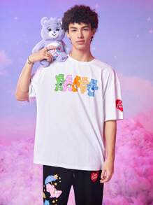 ROMWE MEN ROMWE X Care Bears 男士熊字母图案 T 恤，学校 - 白色 - 查看 3