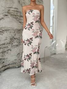 SHEIN Privé 印花魚尾裙下擺抹胸連衣裙 - 杏色 - 查看 2