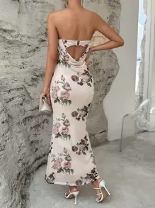 SHEIN Privé 印花魚尾裙下擺抹胸連衣裙 - 杏色 - 查看 7