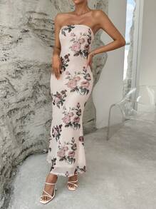 SHEIN Privé 印花魚尾裙下擺抹胸連衣裙 - 杏色 - 查看 4