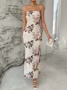 SHEIN Privé 印花魚尾裙下擺抹胸連衣裙 - 杏色 - 查看 5