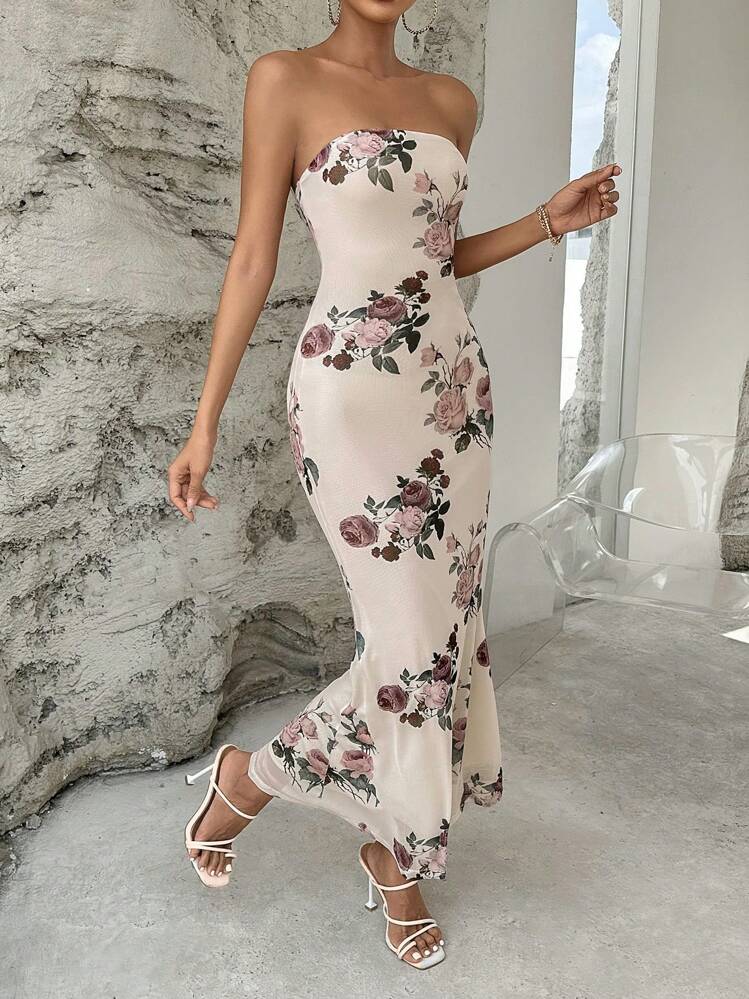 SHEIN Privé Floral Print Mermaid Hem Tube Dress - Apricot - View 1