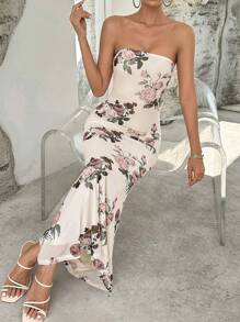 SHEIN Privé 印花魚尾裙下擺抹胸連衣裙 - 杏色 - 查看 6