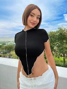 SHEIN ICON Top-stitching Asymmetrical Hem Crop Tee - Black - View 6