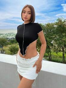 SHEIN ICON Top-stitching Asymmetrical Hem Crop Tee - Black - View 5