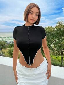 SHEIN ICON Top-stitching Asymmetrical Hem Crop Tee - Black - View 9