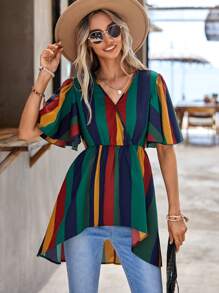 SHEIN LUNE 條紋印花蝴蝶袖高低下擺荷葉邊下擺襯衫 - 彩色 - 查看 1