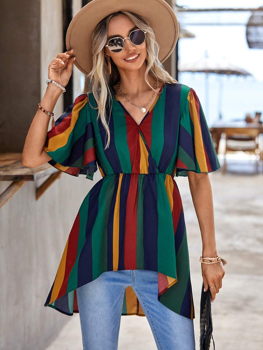 SHEIN LUNE 條紋印花蝴蝶袖高低下擺荷葉邊下擺襯衫 - 彩色 - 查看 1