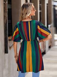 SHEIN LUNE 條紋印花蝴蝶袖高低下擺荷葉邊下擺襯衫 - 彩色 - 查看 3