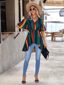 SHEIN LUNE 條紋印花蝴蝶袖高低下擺荷葉邊下擺襯衫 - 彩色 - 查看 4