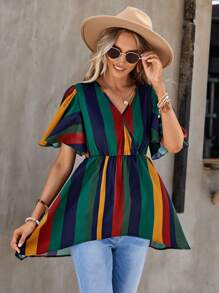 SHEIN LUNE 條紋印花蝴蝶袖高低下擺荷葉邊下擺襯衫 - 彩色 - 查看 5