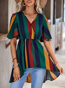 SHEIN LUNE 條紋印花蝴蝶袖高低下擺荷葉邊下擺襯衫 - 彩色 - 查看 2