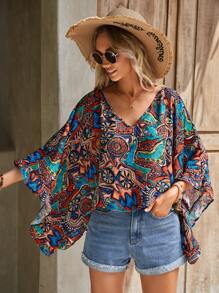 SHEIN LUNE 滿版印花蝙蝠袖襯衫 - 彩色 - 查看 3