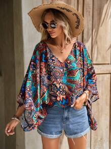 SHEIN LUNE 滿版印花蝙蝠袖襯衫 - 彩色 - 查看 1