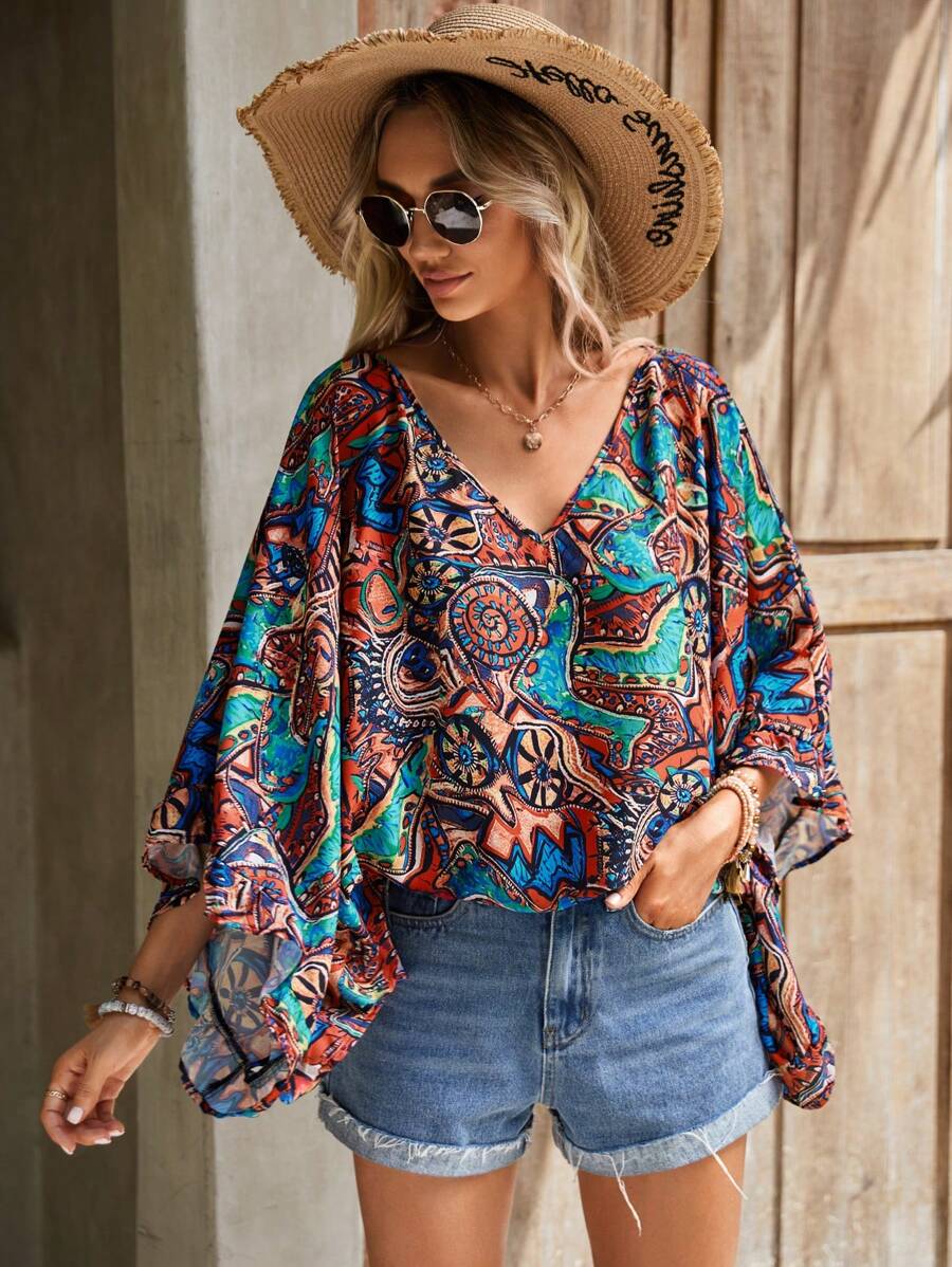 SHEIN LUNE 滿版印花蝙蝠袖襯衫 - 彩色 - 查看 1