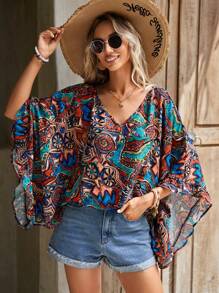 SHEIN LUNE 滿版印花蝙蝠袖襯衫 - 彩色 - 查看 5