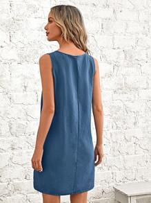 EMERY ROSE Women Solid Color Round Neck Casual Tank Dress, Summer Dresses For Vacation