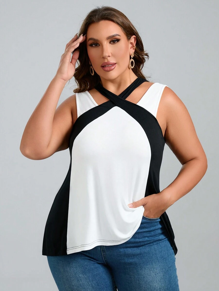 SHEIN Clasi Plus Two Tone Crisscross Halter Top - Black and White - View 1