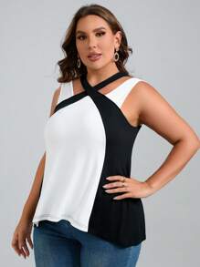 SHEIN Clasi Plus Two Tone Crisscross Halter Top - Black and White - View 6