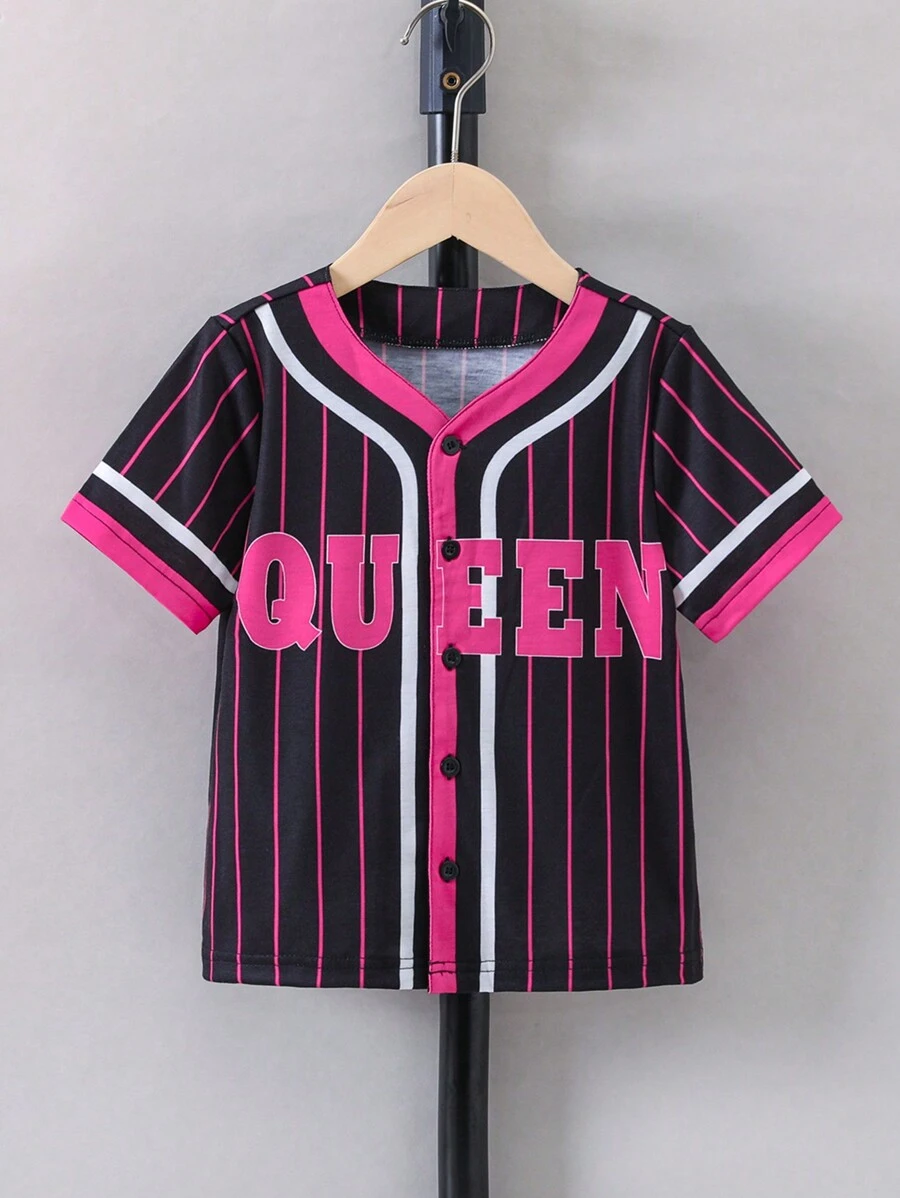 SHEIN 年轻女孩条纹 & 字母图案衬衫 - 黑色 - 查看 1