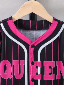 SHEIN 年轻女孩条纹 & 字母图案衬衫 - 黑色 - 查看 3