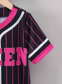 SHEIN 年轻女孩条纹 & 字母图案衬衫 - 黑色 - 查看 5