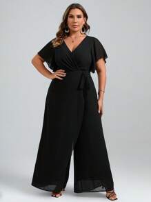 SHEIN Clasi Plus Butterfly Sleeve Belted Wide Leg Jumpsuit - Black - View 3