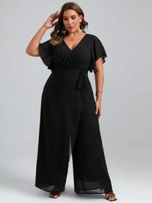 SHEIN Clasi Plus Butterfly Sleeve Belted Wide Leg Jumpsuit - Black - View 1
