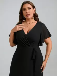 SHEIN Clasi Plus Butterfly Sleeve Belted Wide Leg Jumpsuit - Black - View 4