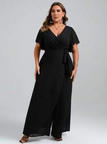 SHEIN Clasi Plus Butterfly Sleeve Belted Wide Leg Jumpsuit - Black - View 5