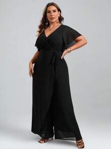 SHEIN Clasi Plus Butterfly Sleeve Belted Wide Leg Jumpsuit - Black - View 6