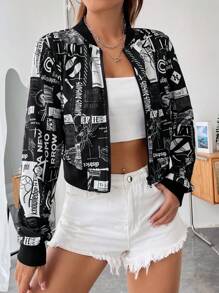 Muchica Floral & Letter Graphic Zip Up Bomber Jacket - Black and White - View 3